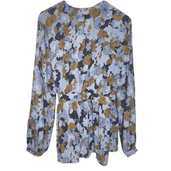 BCBGMaxAzria Blue and Brown Blouse with Tie Front and Sailor Collar Size Large - Picture 2 of 6